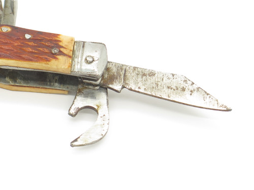 Vintage 1950s Seki Japan 2.37" Bone Handle Multi Tool Folding Pocket Camp Knife
