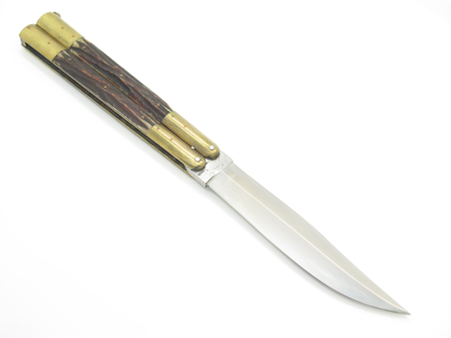 Vintage WWII Era Filipino Balisong 6.12" Folder Stag Bone Handle Brass Folding Butterfly Knife