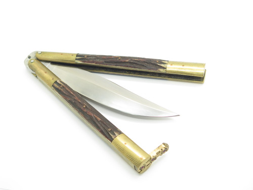 Vintage WWII Era Filipino Balisong 6.12" Folder Stag Bone Handle Brass Folding Butterfly Knife