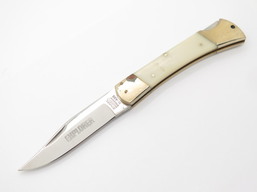 Vtg 70s Explorer Tak Fukuta Seki Japan 4.8" White Folding Hunter Lockback Knife