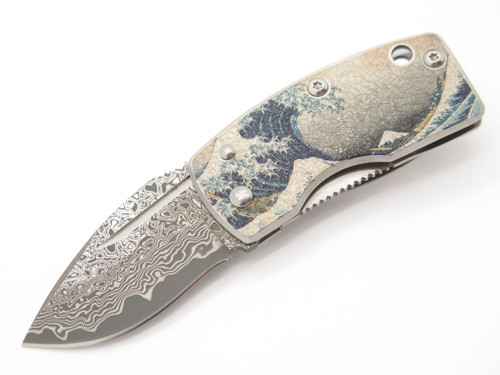 G. Sakai Seki Japan Ukimon Great Wave Damascus Money Clip Folding Pocket Knife