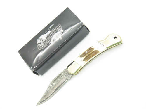 Fox N Hound FH505 3.37" Stag Damascus Lockback Folding Hunter Pocket Knife