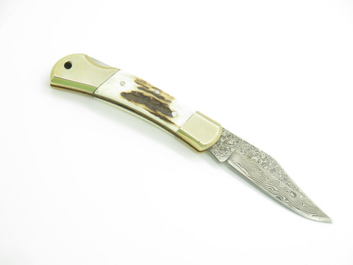 Fox N Hound FH505 3.37" Stag Damascus Lockback Folding Hunter Pocket Knife