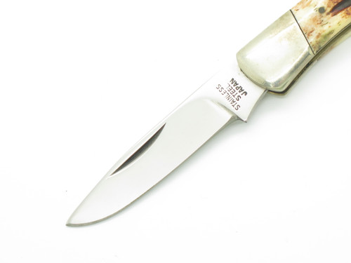 Vintage 1970s Explorer Seki Japan 3.5" Bone Handle Lockback Folding Pocket Knife