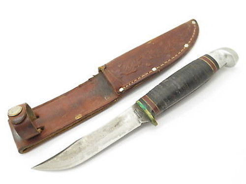 Vtg c. 1930s Western Boulder L66 Stacked Leather Fixed Blade Hunting Knife