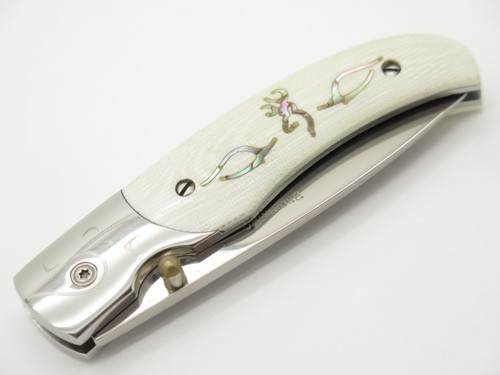 Vtg Browning 719 Seki Japan White G10 Abalone Folding Linerlock Pocket Knife