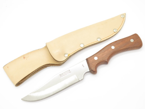 Vintage Hanson Japan Clip Point Fixed Blade Wood Handle Hunting Knife & Sheath
