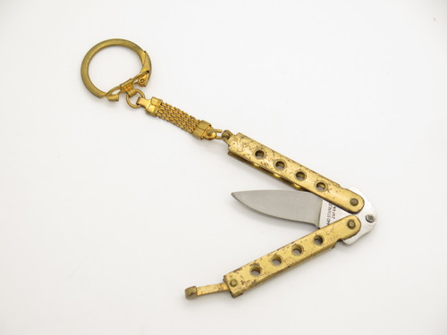 Vintage 1980s Seki Japan Mini 2.25" Brass Kechain Handle Folding Balisong Butterfly Knife