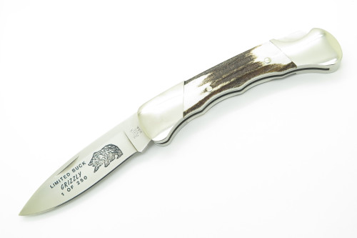 Vtg Buck 500 Duke Script Stag Chuck Signature Limited Grizzly Bear Folding Knife