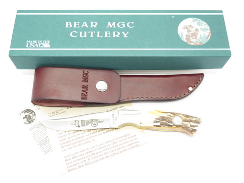 Vintage 1993 Bear Cutlery USA NKCA Club Stag Fixed Blade Hunting Knife