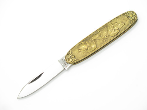 Vtg Parker Seki Japan Brass Handle Dog Scene Gentleman Folding Pocket Knife