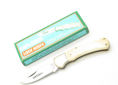 1980s Vintage 11-340 Explorer Imai Seki Japan 3.75" Lockback Smooth Bone Knife