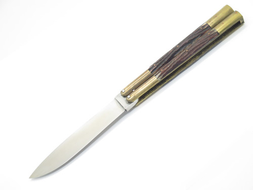 Vintage Filipino Balisong 6.12" Bone Handle Brass Folding Butterfly Knife