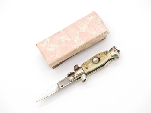 Vintage Inox Italy Miniature Picklock Auto Small 1.5" Stag Folding Switchblade Automatic Knife