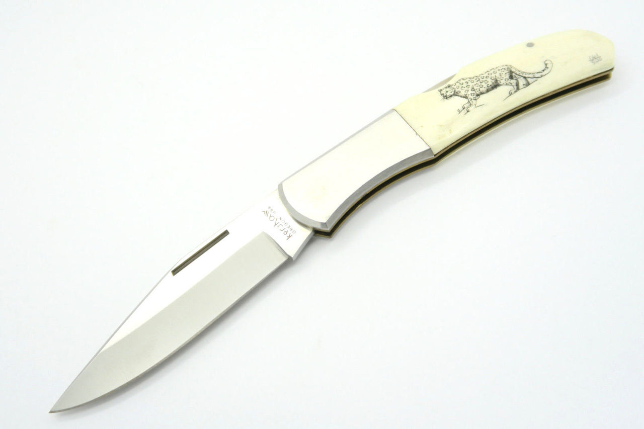 Vintage Kershaw Kai 4200 Seki Japan Cheetah Scrimshaw Lockback