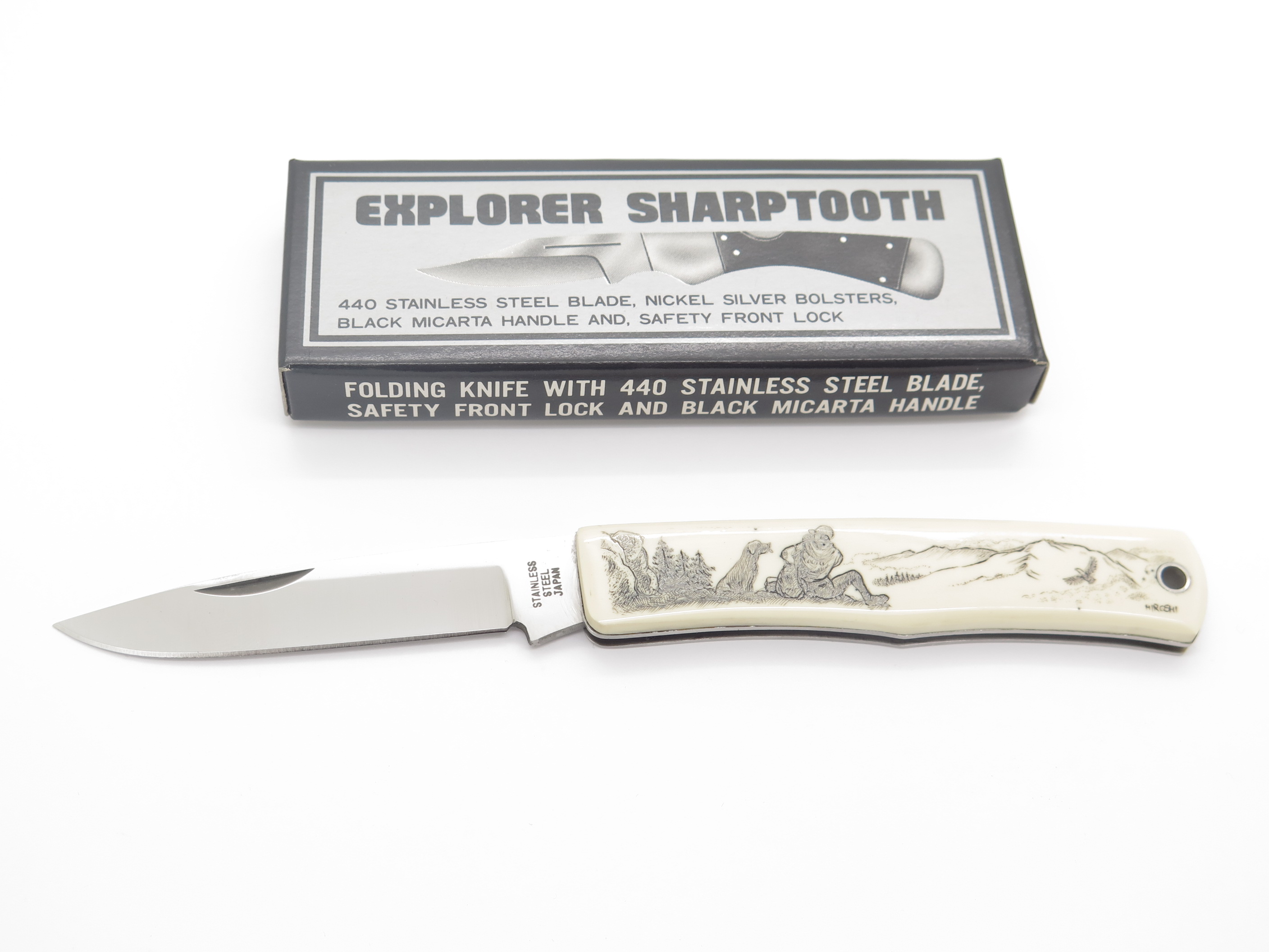 DHD POCKET KNIFE JAPAN別注モデル Vintage Explorer G Sakai Seki Japan Hiker & Dog Scrimshaw
