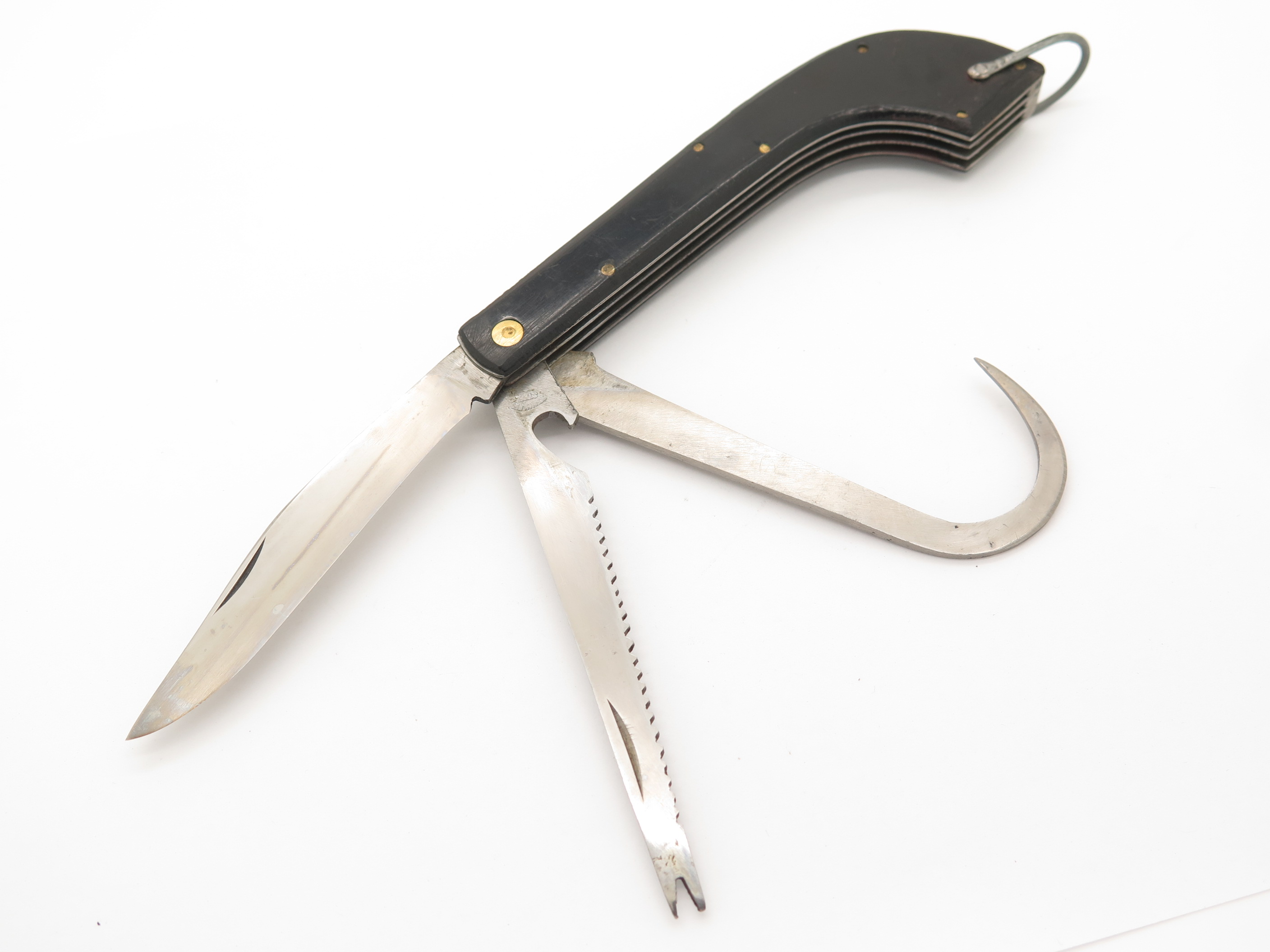 Vintage 1950s Seki Japan Folding Fishing Knife 3 Blade Gaff Clip