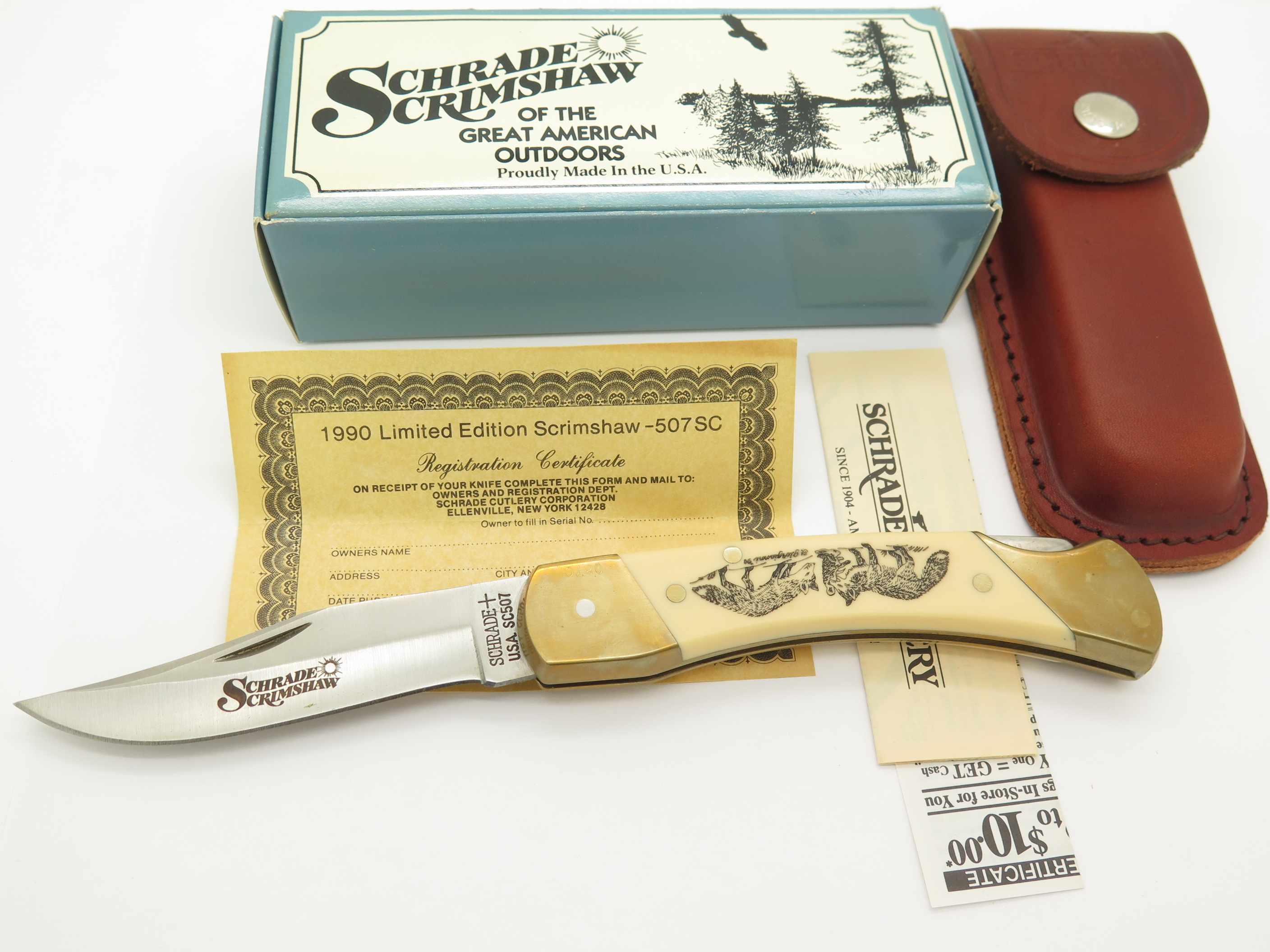 Vtg 1990 Limited Schrade USA 507SC Scrimshaw LB-7 Folding Hunter