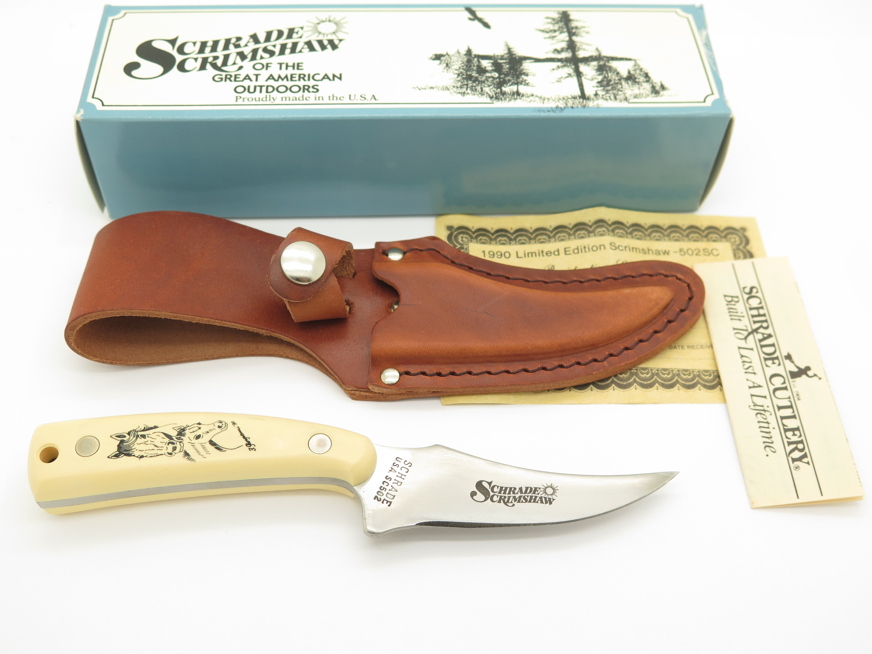 Vtg 1990 Limited Schrade 502SC Scrimshaw Sharpfinger Fixed Blade