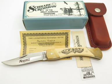 Vtg 1990 Limited Schrade USA 507SC Scrimshaw LB-7 Folding Hunter