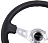 NRG 350mm Reinforced Steering Wheel Blk Leather w/Silver Spoke & Circle Cutouts