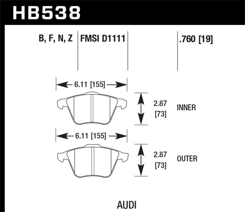 Hawk Ceramic Front Brake Pads for 05-08 Audi A4 / 04-08 S4 Avant - HB538Z.760