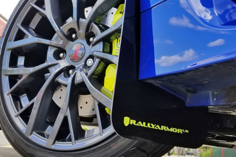 Rally Armor Black UR Mud Flaps w/ Caliper Green Logo for 15+ WRX / STI