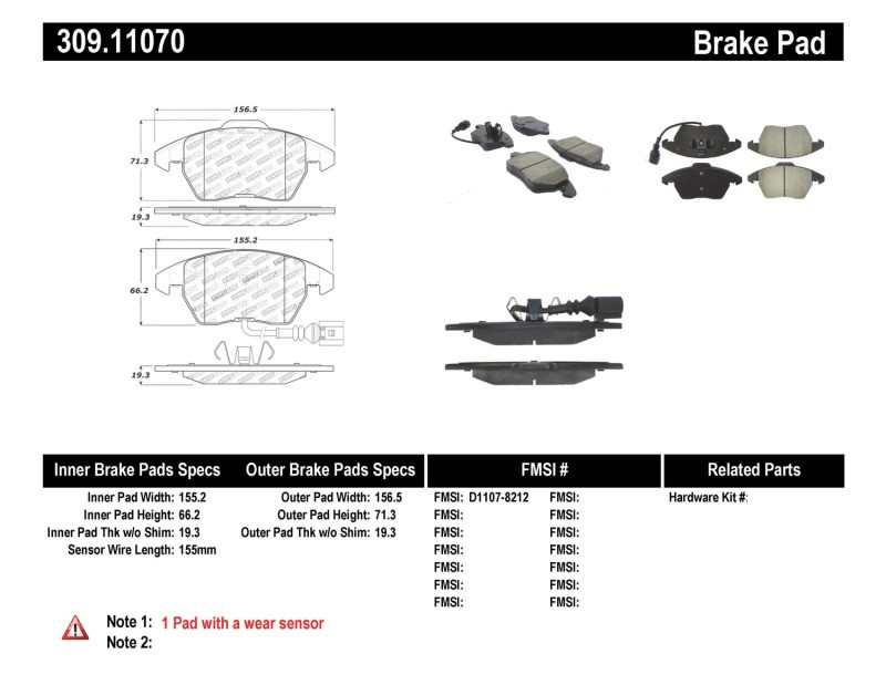 StopTech Street Performance Front Brake Pads for 06-13 Audi A3 / GTI - 309.11070