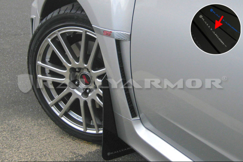 Rally Armor UR Black Mud Flaps w/ Silver Logo for 11+ STi Sedan