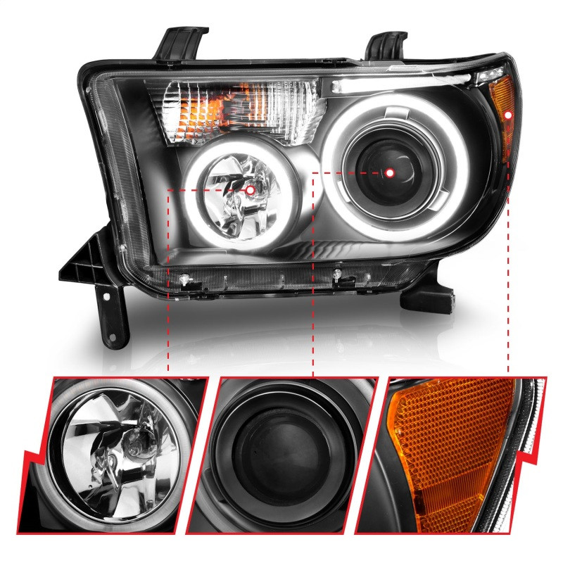 ANZO PROJECTOR HEADLIGHTS HALO w/ LED BAR BLACK for 07-13 Tundra