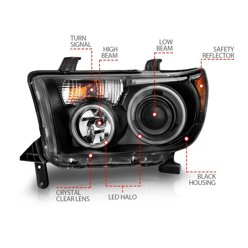 ANZO PROJECTOR HEADLIGHTS HALO w/ LED BAR BLACK for 07-13 Tundra