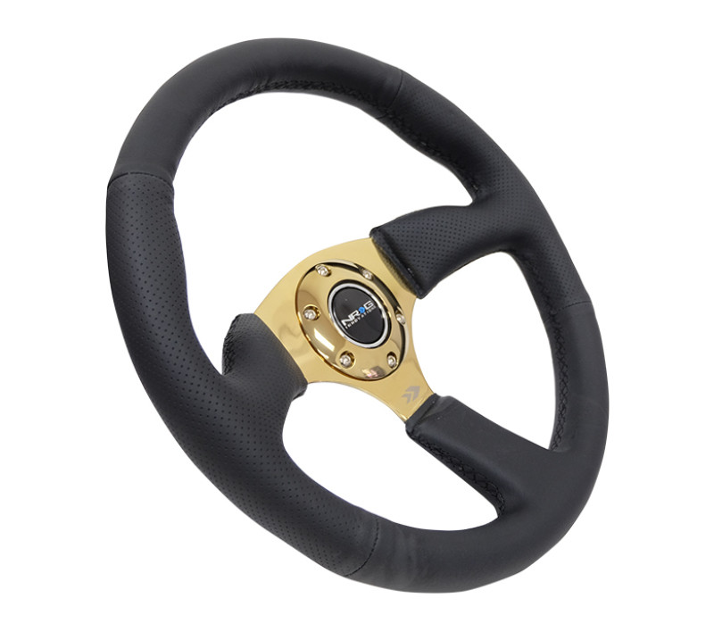 NRG Reinforced Steering Wheel 350mm Leather Race Comfort Grip w/4mm Gold Spokes
