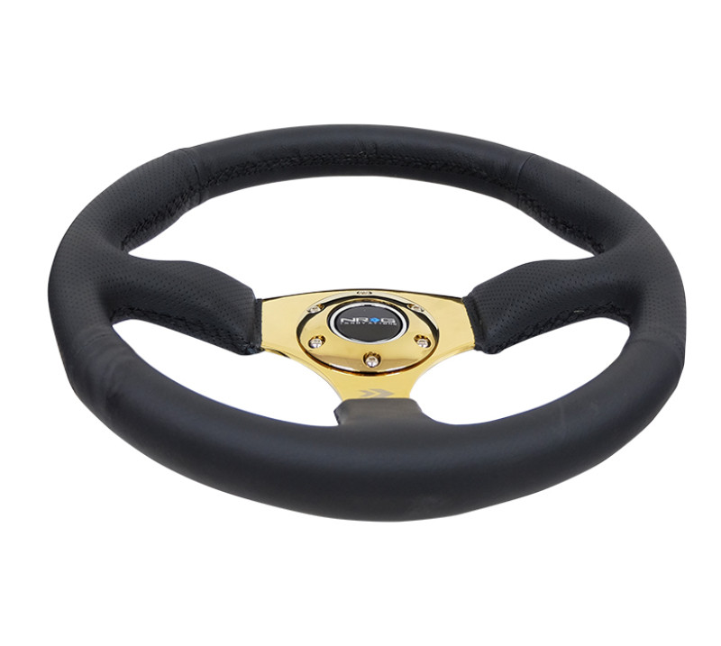 NRG Reinforced Steering Wheel 350mm Leather Race Comfort Grip w/4mm Gold Spokes