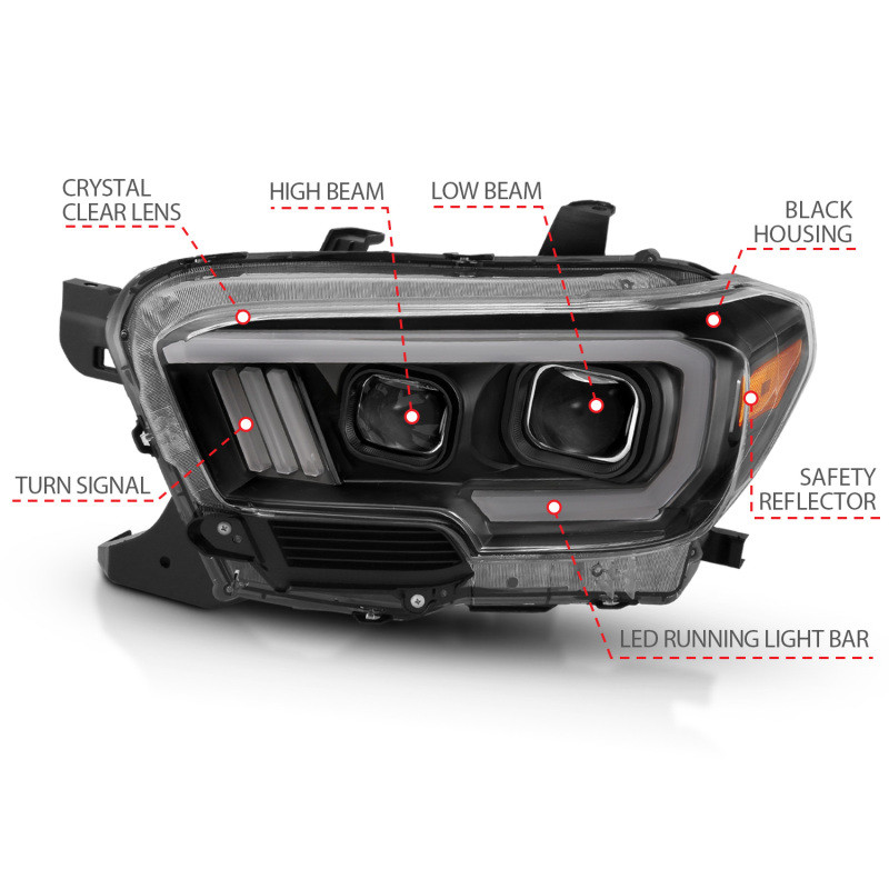 ANZO PROJECTOR HEADLIGHT BLACK W/ AMBER LED DRL for 16-18 Tacoma