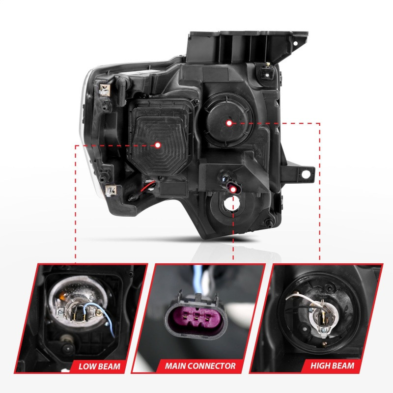 ANZO PROJECTOR HEADLIGHTS U-BAR CHROME CLEAR w/ HALOGEN for 09-14 Ford F150