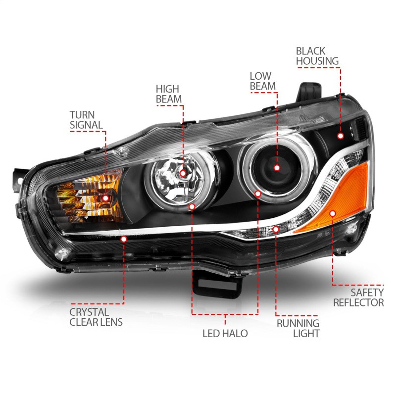 ANZO PROJECTOR HEADLIGHTS BLACK w/ HALO for 08-15 Lancer