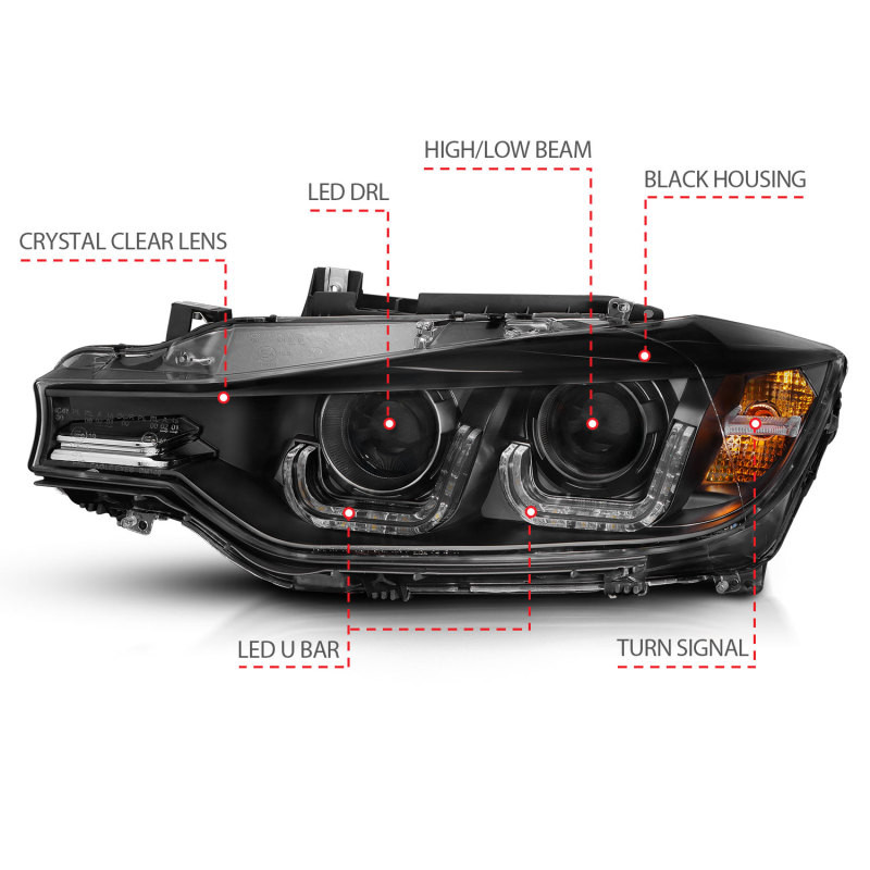 ANZO PROJECTOR HEADLIGHTS U-BAR BLACK CLEAR for 12-15 BMW F30 Sedan