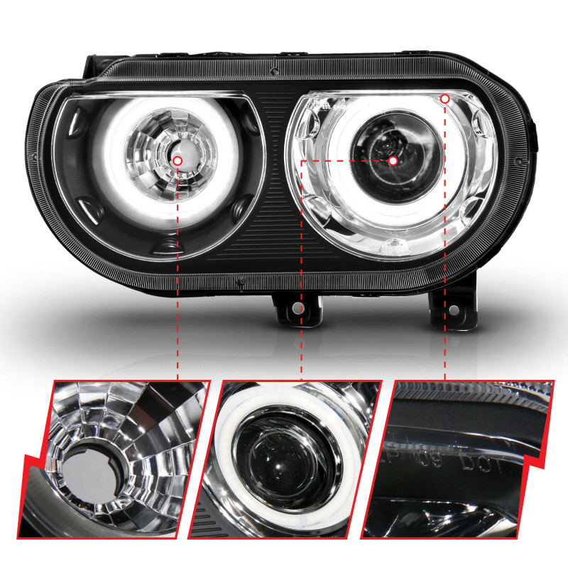 ANZO PROJECTOR HEADLIGHTS DUAL HALO BLACK for 08-14 Challenger