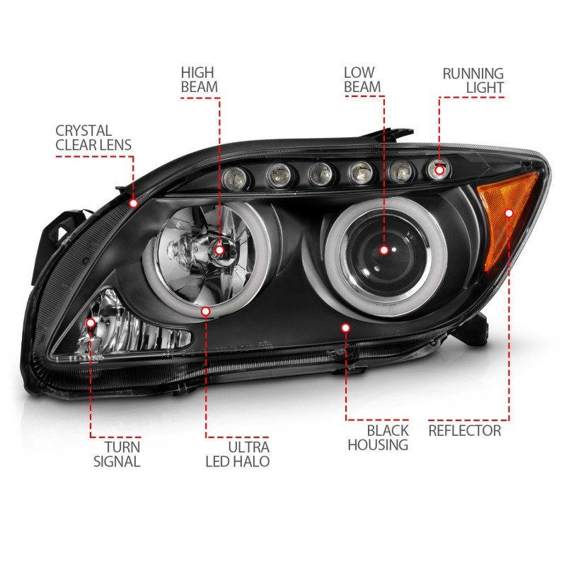 ANZO PROJECTOR HEADLIGHTS BLACK w/ HALO (SMD LED) for 05-10 Scion tC