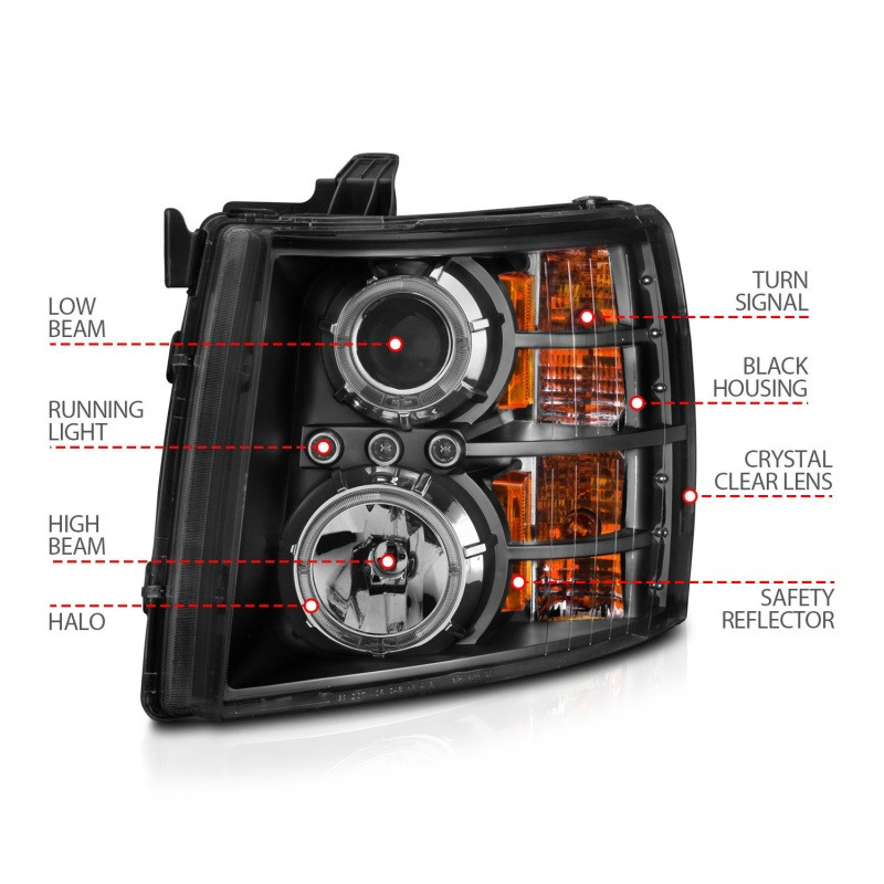 ANZO PROJECTOR HEADLIGHTS BLACK CLEAR for 07-13 Silverado 1500