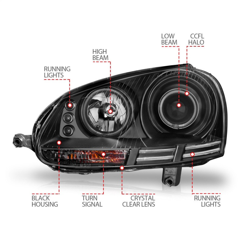 ANZO Projector Headlights w/ Halo Black (CCFL) for 2006-2009 VW Rabbit