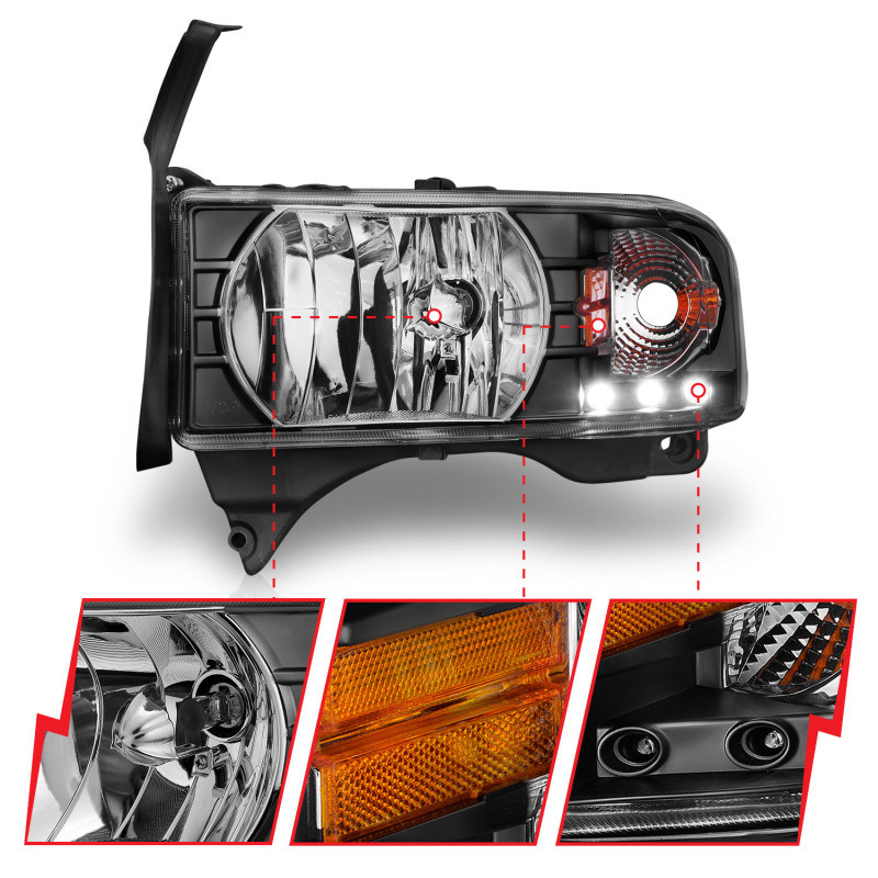 ANZO CRYSTAL HEADLIGHTS BLACK w/ L.E.D 1PC for 94-01 Ram 1500