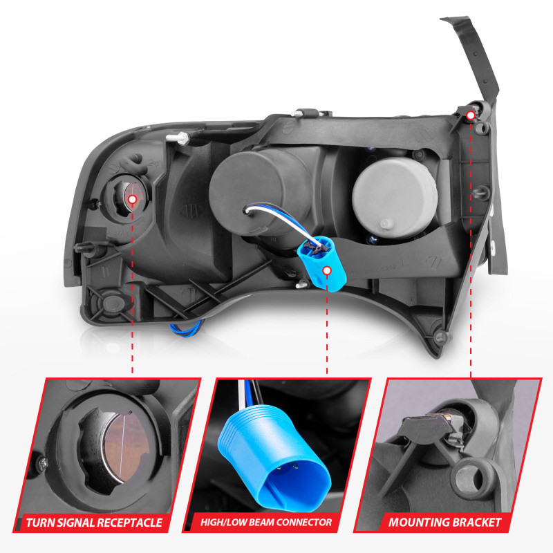 ANZO CRYSTAL HEADLIGHTS BLACK w/ L.E.D 1PC for 94-01 Ram 1500