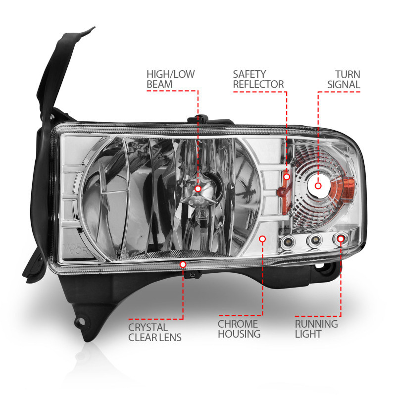 ANZO CRYSTAL HEADLIGHTS CHROME w/ L.E.D 1PC for 94-01 Ram 1500