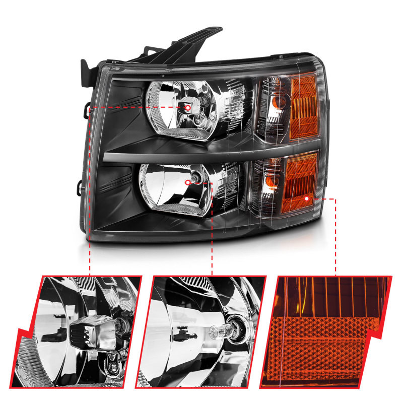 ANZO CRYSTAL HEADLIGHT BLACK AMBER for 07-13 Silverado