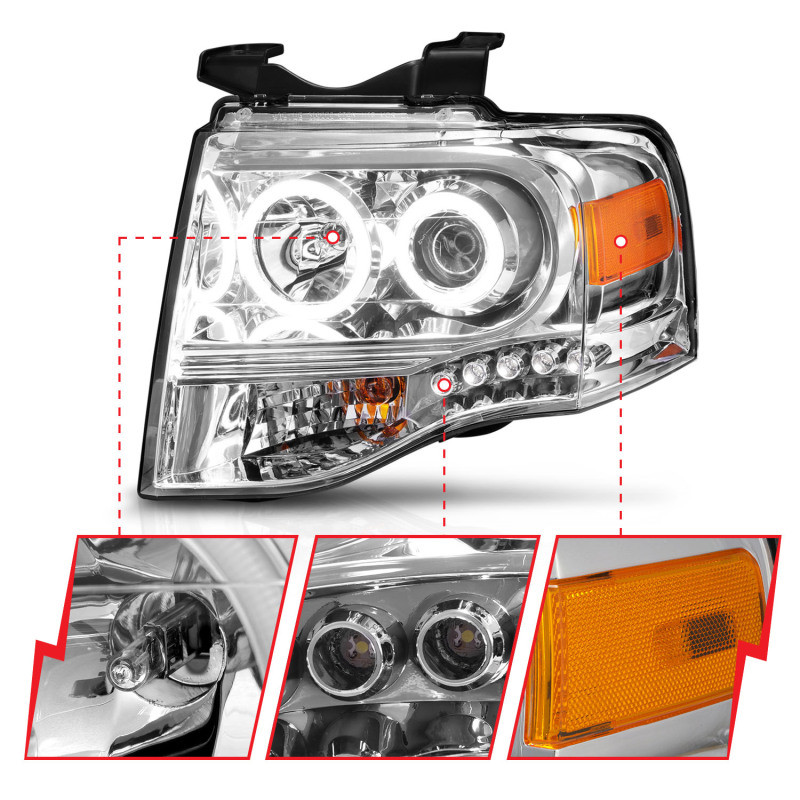 ANZO Projector Headlights Chrome for 2007-2014 Ford Expedition