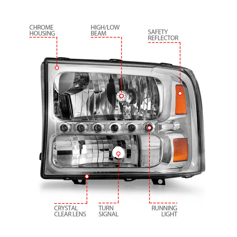 ANZO CRYSTAL HEADLIGHTS CHROME L.E.D 1 PC for 00-04 FORD EXCURSION