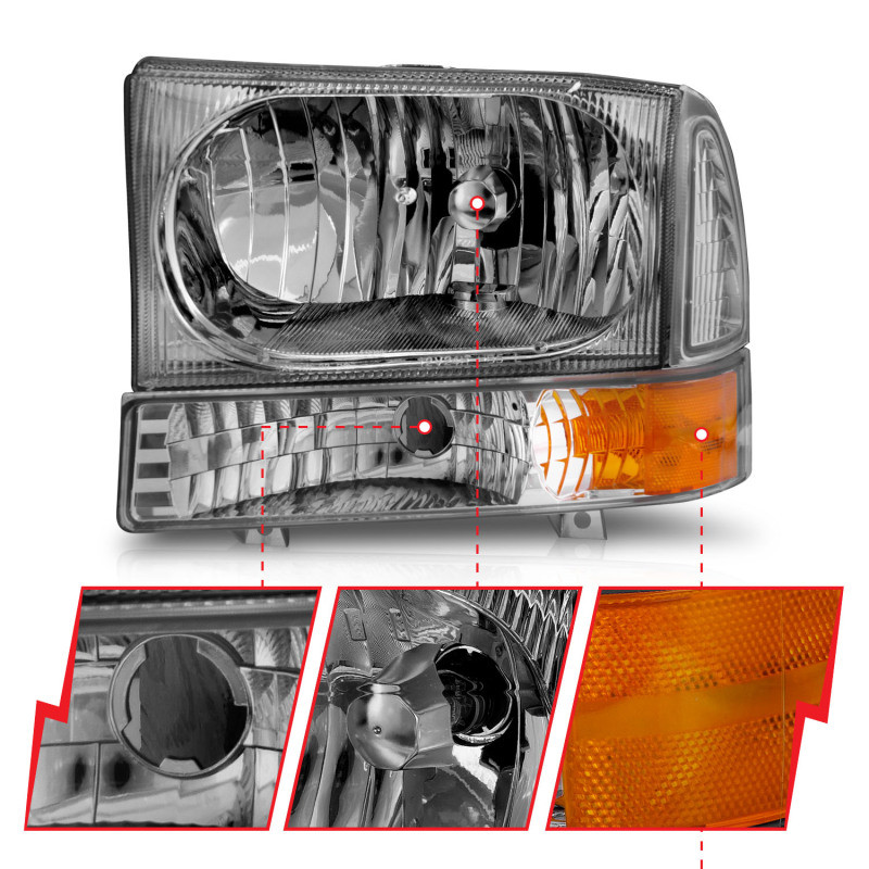 ANZO Crystal Headlights Chrome w/ Corner Lights 2pc for 00-04 Ford Excursion