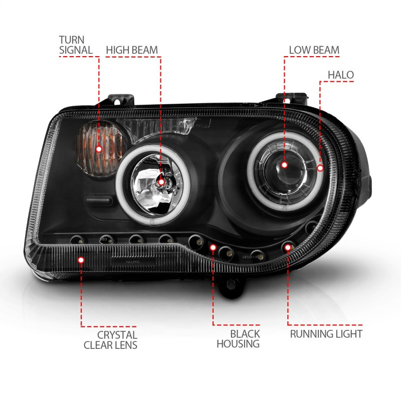 ANZO Projector Headlights w/ Halo Black (CCFL) G2 for 05-10 Chrysler 300C