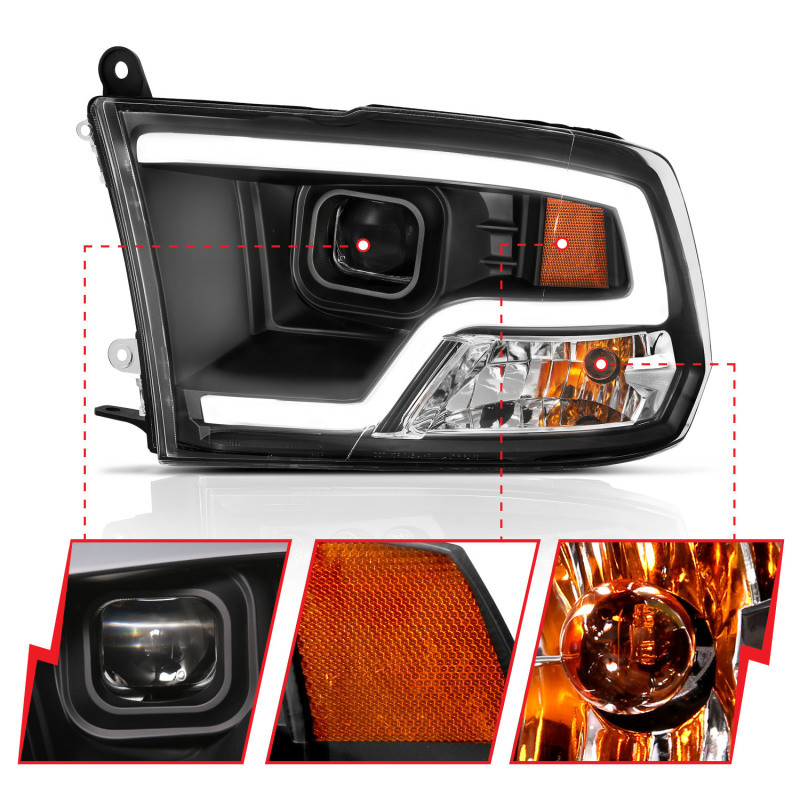 ANZO Plank Style Projector Headlights Black w/ Halo for 09-18 Dodge Ram 1500